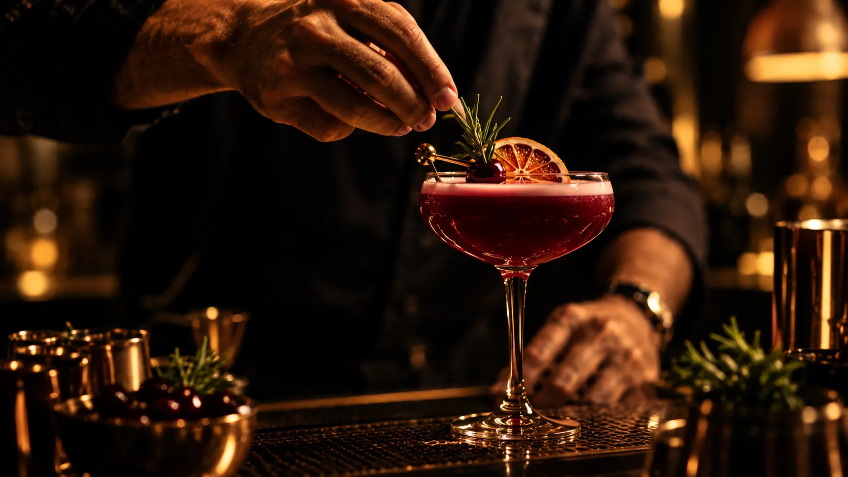 A bartender sets a rosemary sprig and dried orange wheel on a red cocktail.