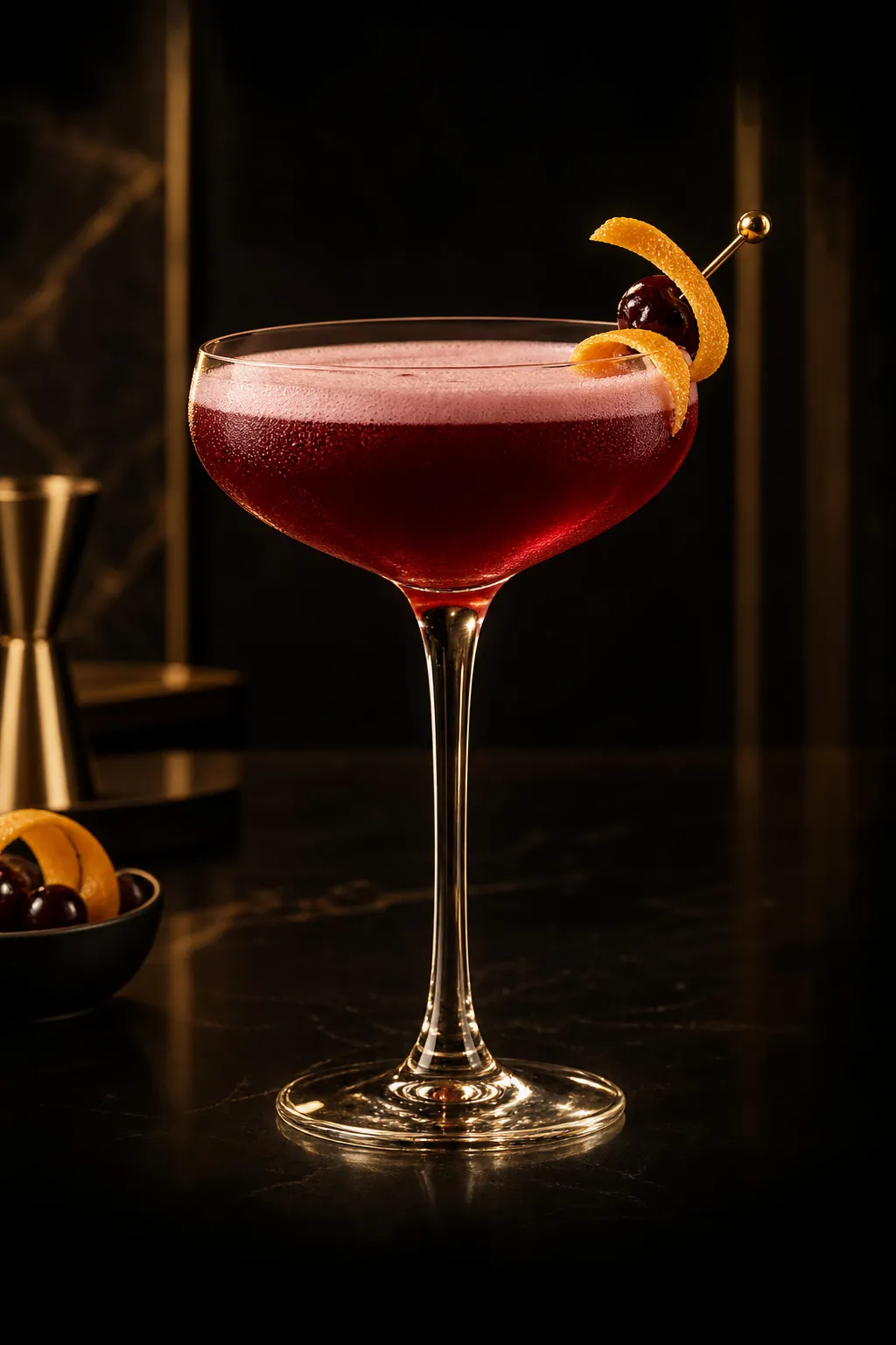 Bollywood Bramble, a deep red cocktail in a coupe glass with an orange twist.