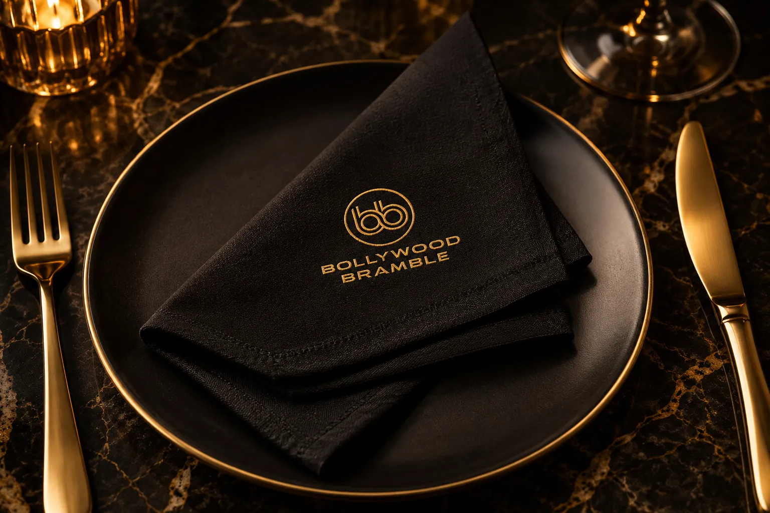 A black charger with a gold rim and a folded black napkin printed with the Bollywood Bramble logo.