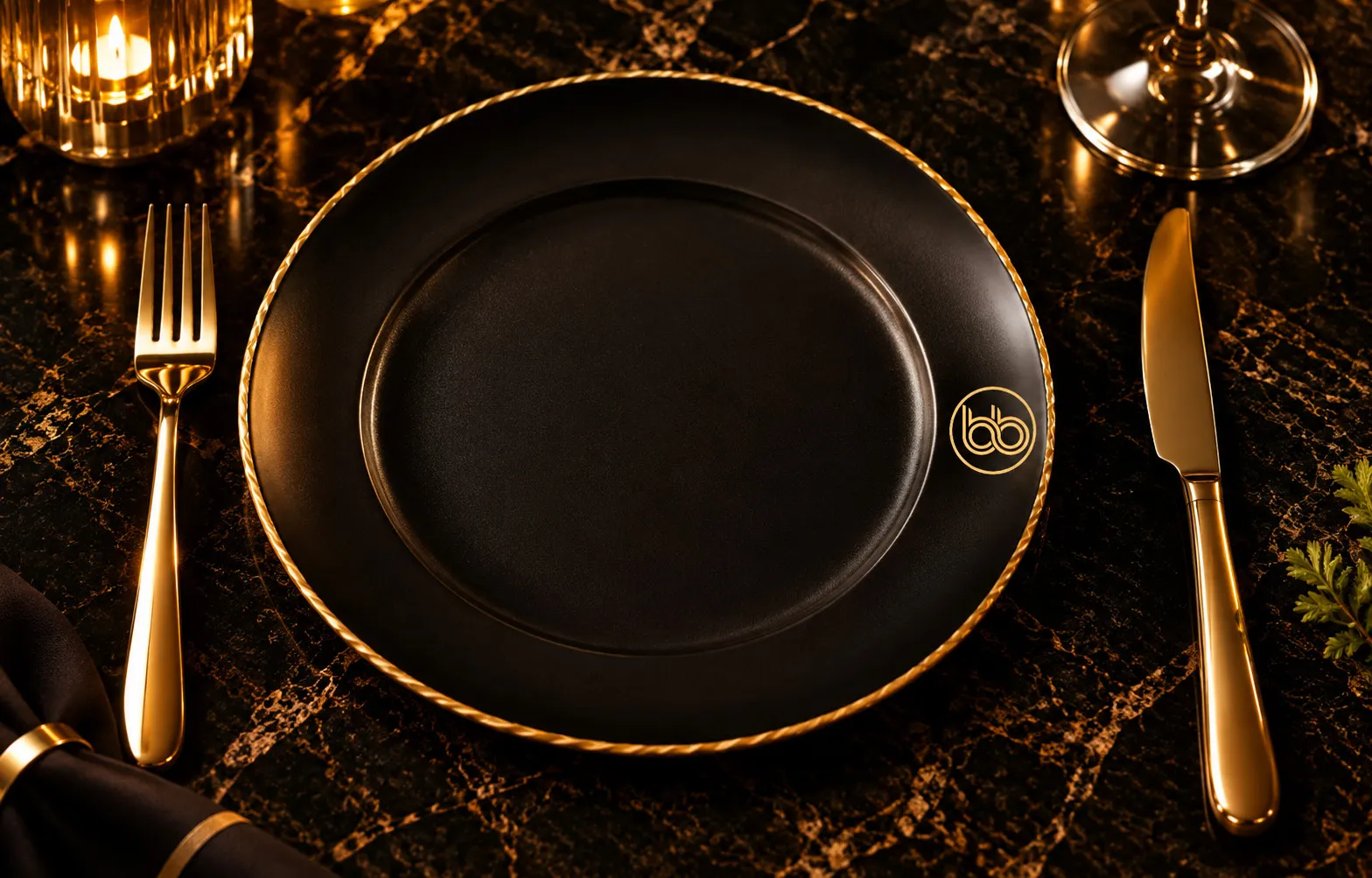 A black plate with a gold rim, gold cutlery and the bb mark, on dark marble.