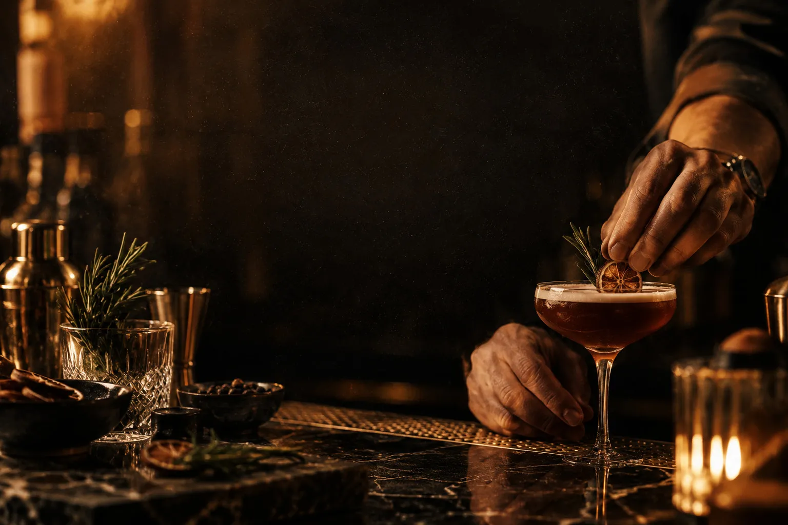 A bartender garnishes a short cocktail with an orange twist and rosemary on a dark bar.